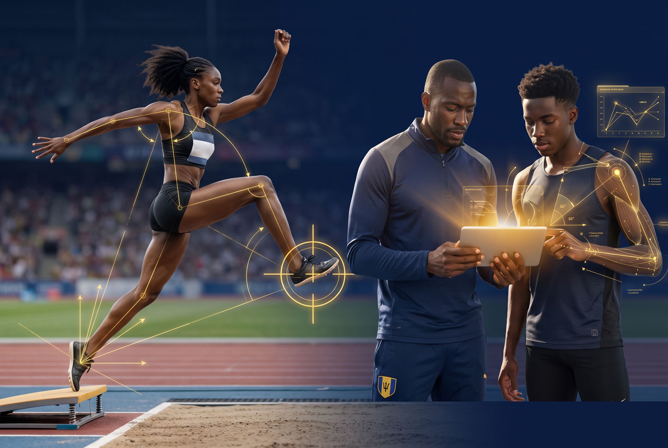Long jumper mid-flight with a gold biomechanical overlay beside a Barbadian coach and young athlete reviewing performance data on a tablet